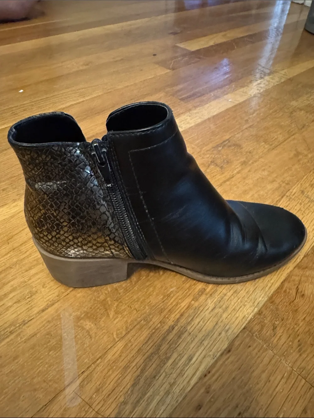 Steve Madden Black Leather Ankle Boots with Brown Snake-Print Heel
